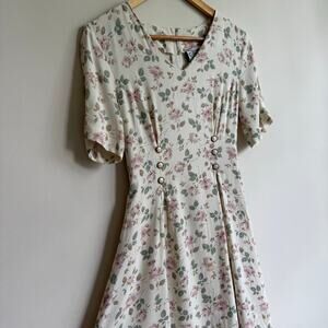 90's Vintage Rose Floral Print Double Breasted Cottagecore Dress Size 9/10